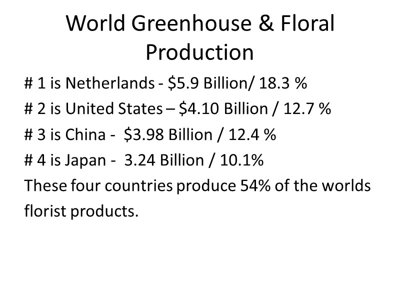 World Greenhouse & Floral Production # 1 is Netherlands - $5.9 Billion/ 18.3 %